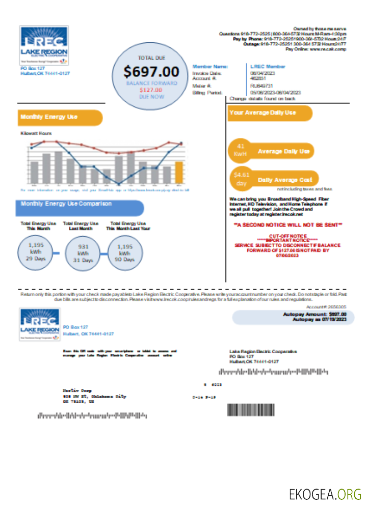 Facture commerciale de service public de Lake Region Electric Cooperative, SCR